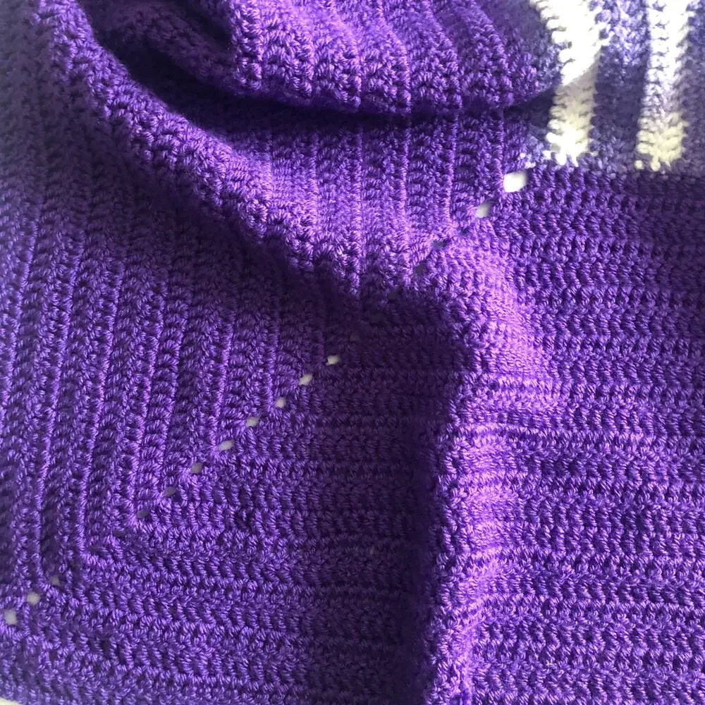 Handmade Crochet Afghan Throw Baby Blanket Purple White Soft VTG Style